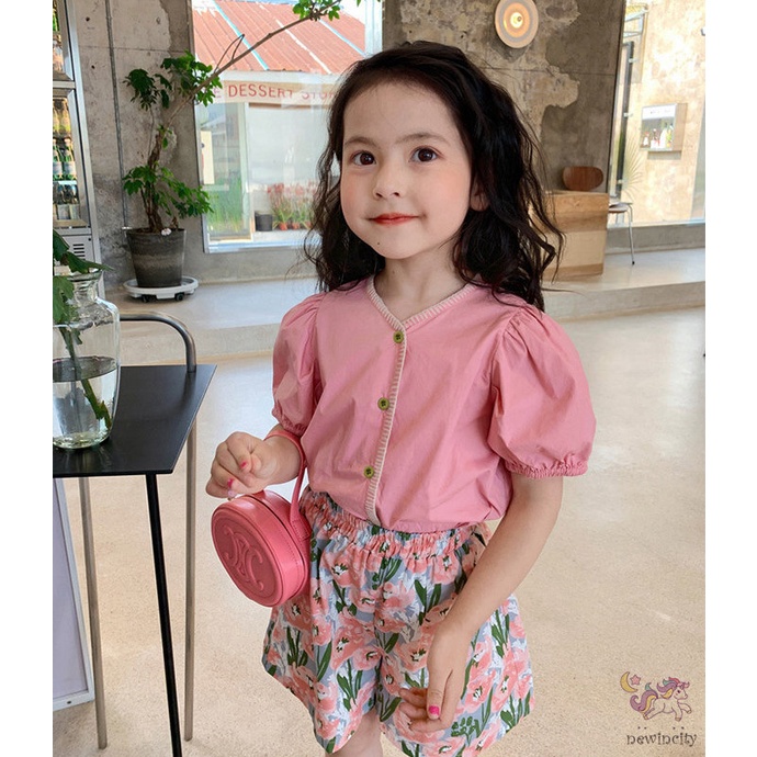 Bộ Áo Tay Phồng + Quần Short In Hoa Thời Trang Mùa Hè Hàn Quốc Cho Bé Gái