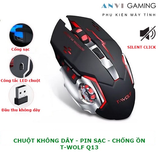 Chuột không dây T-WOLF Q13 không dây pin sạc chống ồn 2400DPI cho máy tính - Hàng Chính Hãng