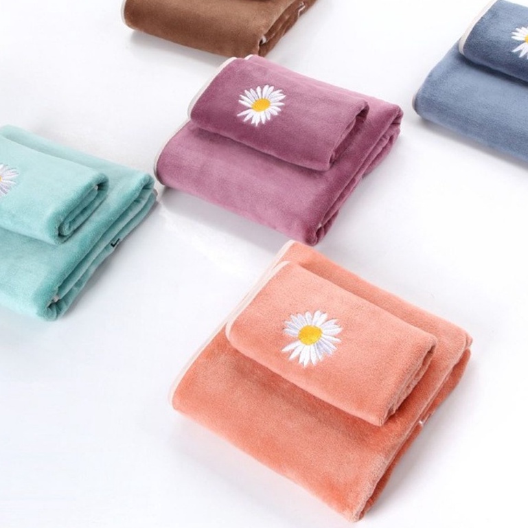 2 Khăn Tắm Loại Dày Thấm Nhanh Mềm Mại Tiện Lợi Họa Tiết Hoa Cúc, Khăn Mặt COTTON Cao Cấp Dễ Giặt Mau Khô Không Hại Da