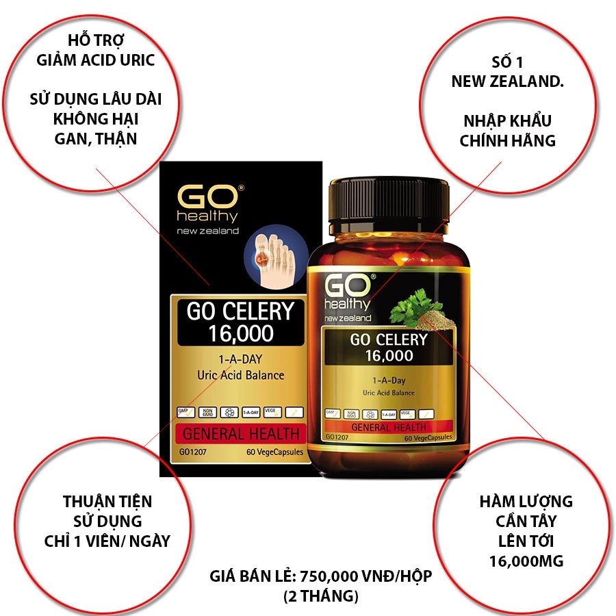 Viên uống hỗ trợ bệnh gout GO Healthy GO CELERY 16000 New Zealand lọ 60 viên axit uric giảm acid uric, biến chứng gút