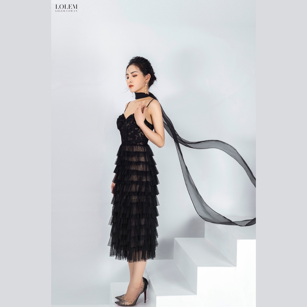 Đầm ren dự tiệc LOLEM DX331 thiết kế hai dây phối lưới tầng form corset