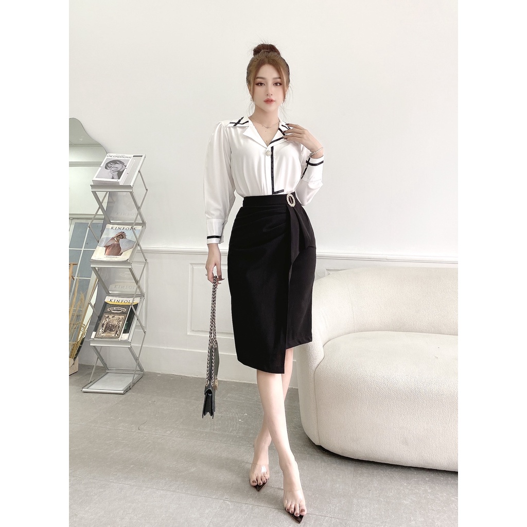 Chân váy bút chì nữ CRAZYTEEN đắp eo nhún sang trọng V0025