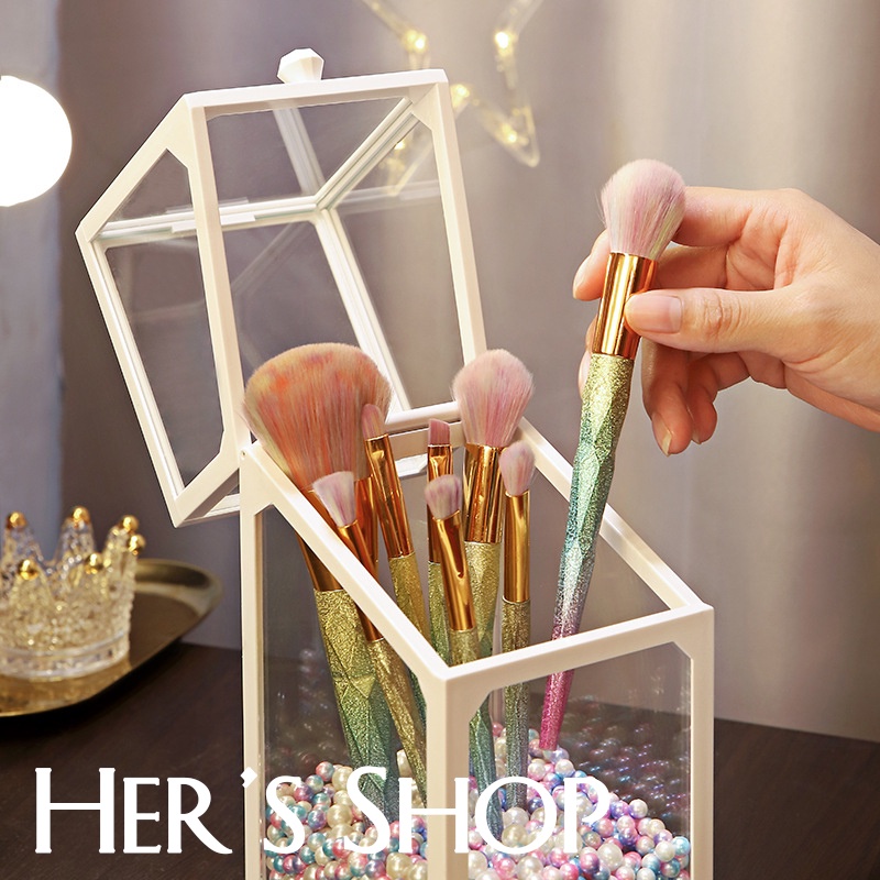 Hộp Đựng Cọ Trang Điểm Để Bàn Trong Suốt Hình Chữ Nhật Lục Giác Viền Đen Trắng - Hộp Bảo Quản Cọ Có Nắp Đậy Chống Bụi