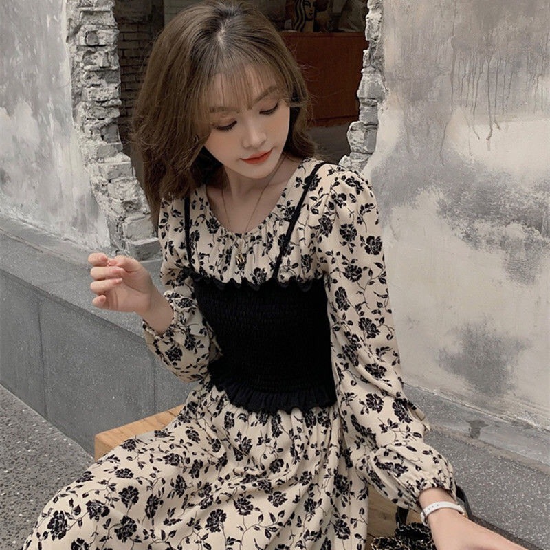 Váy xòe hoa nhí dáng dài phối áo 2 dây điệu đà thời trang hàn quốc