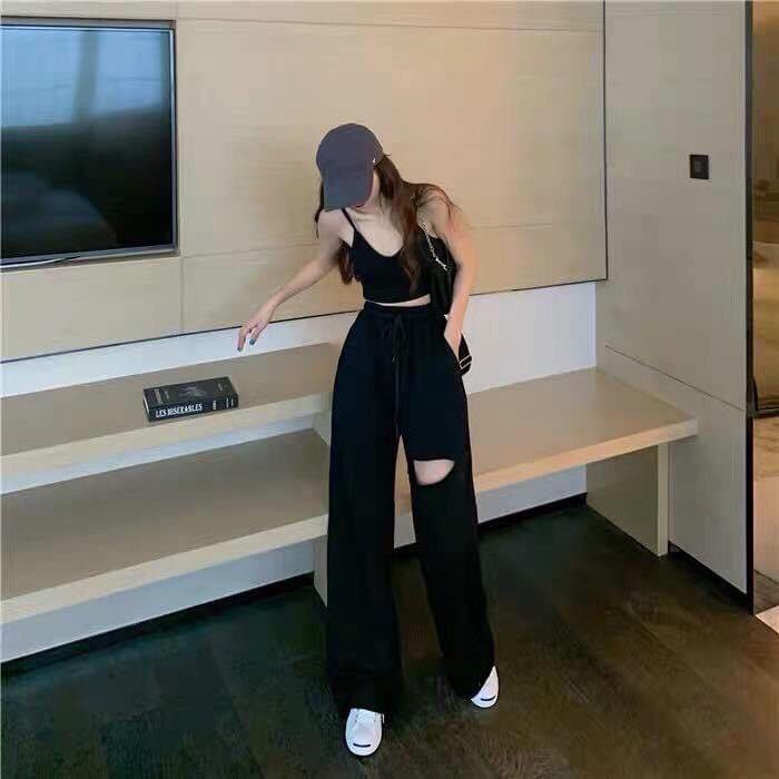 Quần ống rộng ulzzang rách 1 bên chất thun mềm mịn, siêu hack chân dài 110cm, lên form bao chuẩn