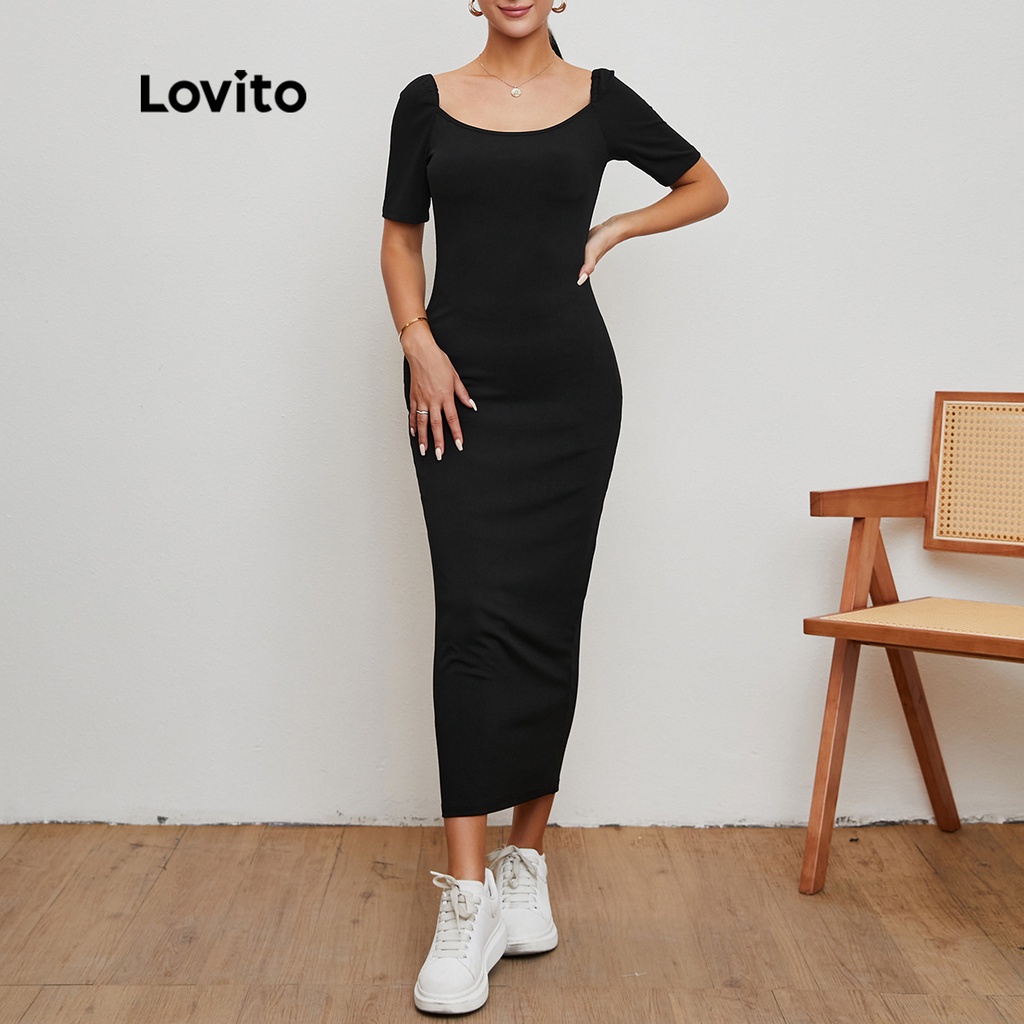 Lovito Đầm Bút Chì Cổ Bẻ Màu Đen L20D070