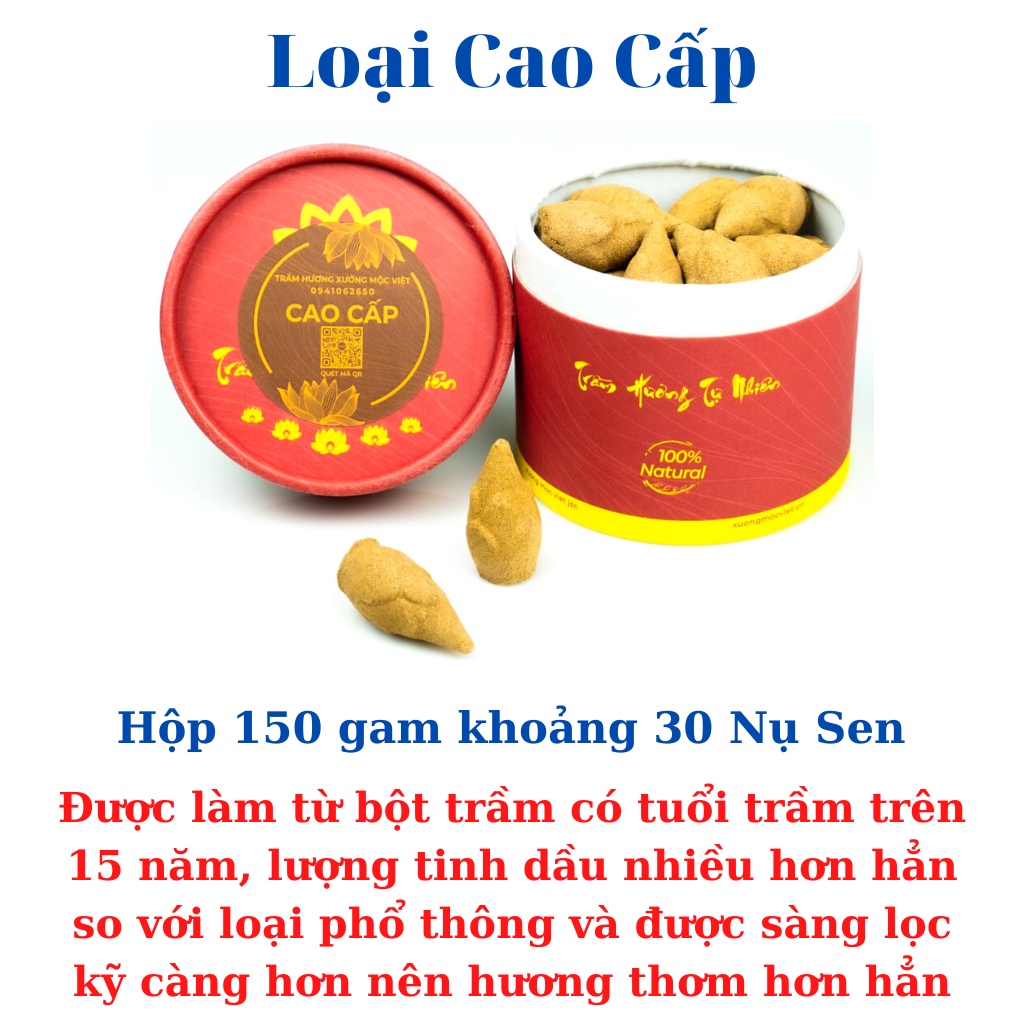 Nhang Nụ Trầm Hương Khói Ngược Sạch Tự Nhiên Không Hoá Chất Xưởng Mộc Việt - Hộp 150G (  Tầm 30 Nụ Sen )
