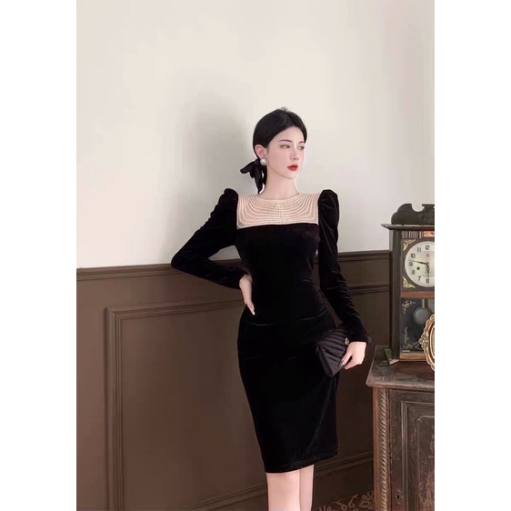 Váy nhung body cổ đính ngọc siêu tôn dáng sang chảnh Kèm Ảnh thật
