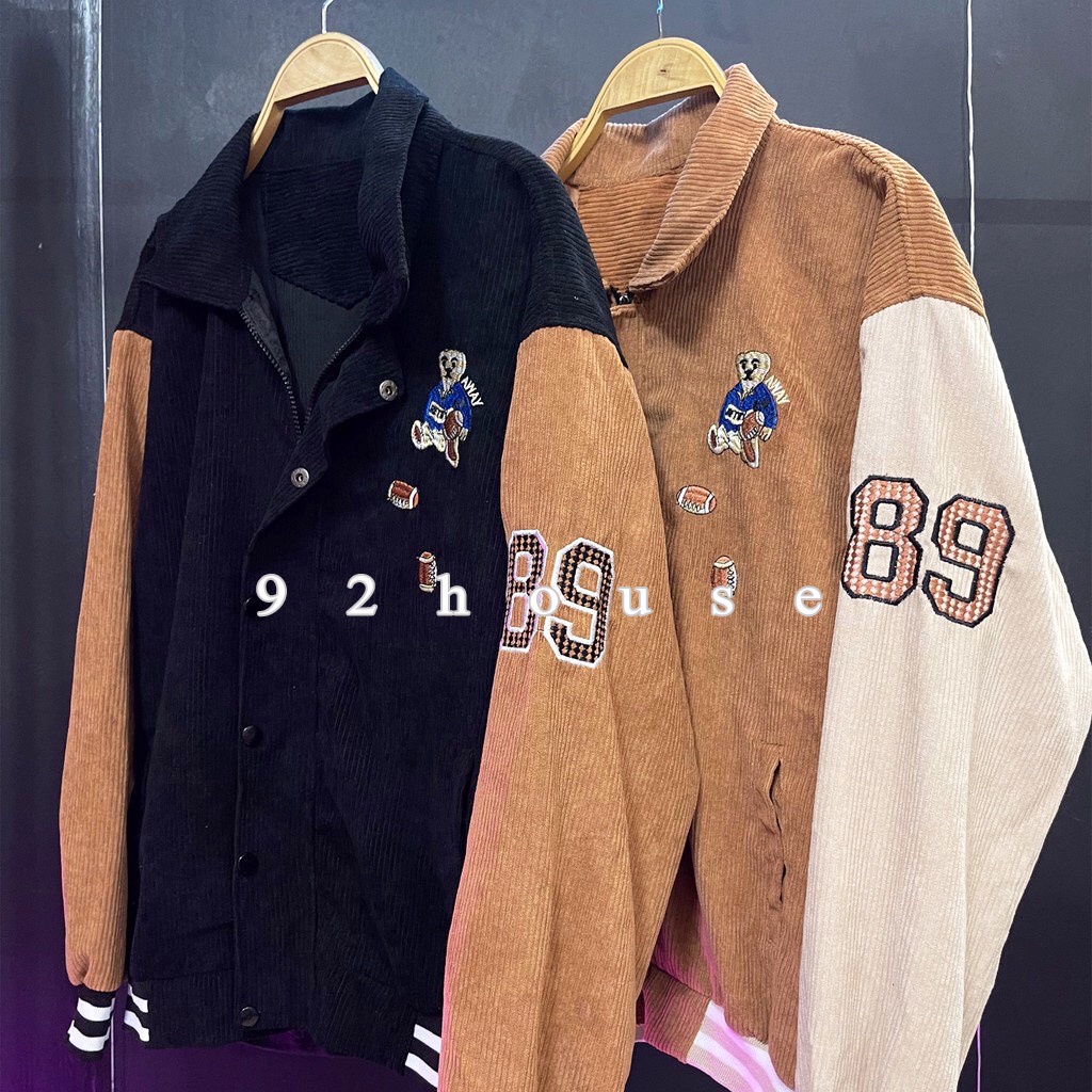 Áo khoác bomber unisex thêu gấu teddy / Áo khoác nam nữ nhung tăm thêu gấu bóng chày cá tính