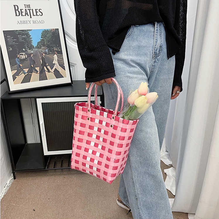 Túi nữ dệt mới Túi kẻ sọc màu tương phản Túi xách mùa hè thời trang và linh hoạt túi tote dung tích lớn