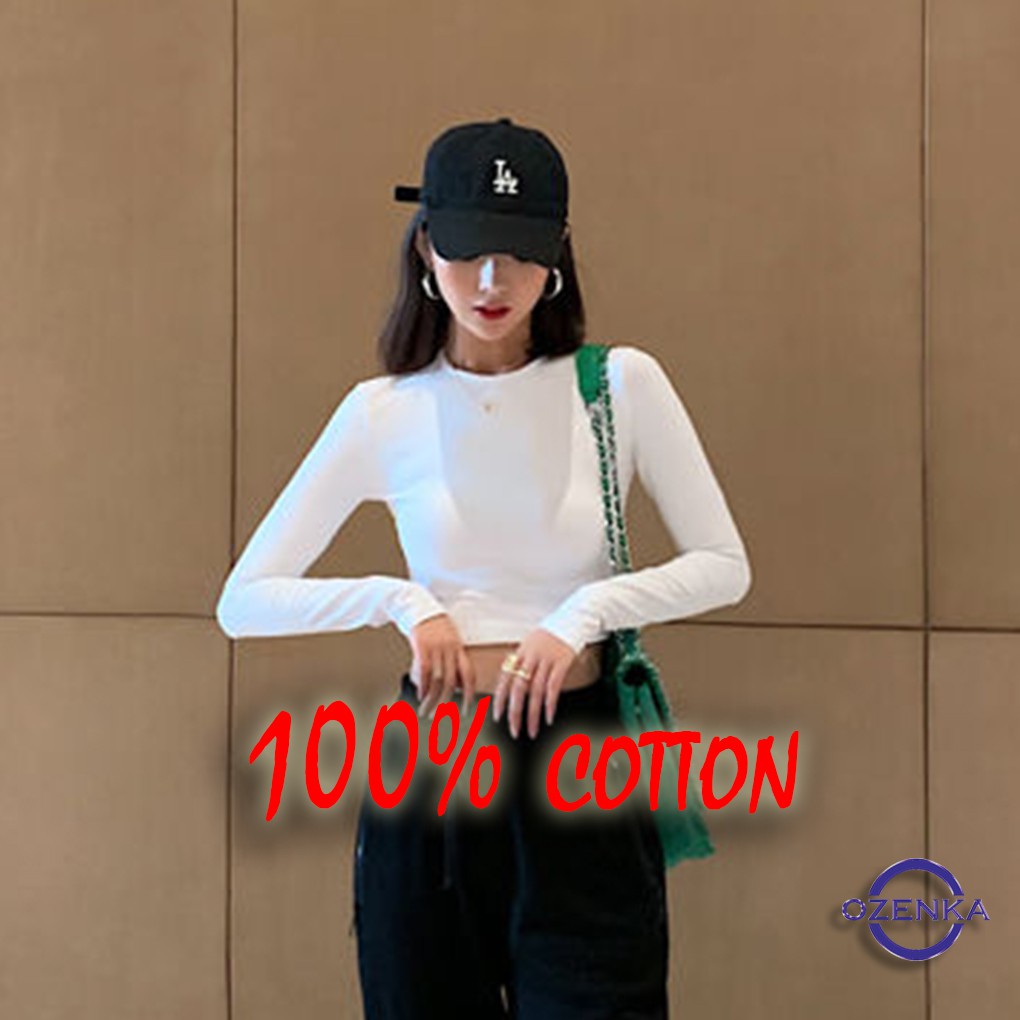 Áo croptop tay dài dáng ôm len tăm 100% cotton free size 40 đến 53 kg CR 263