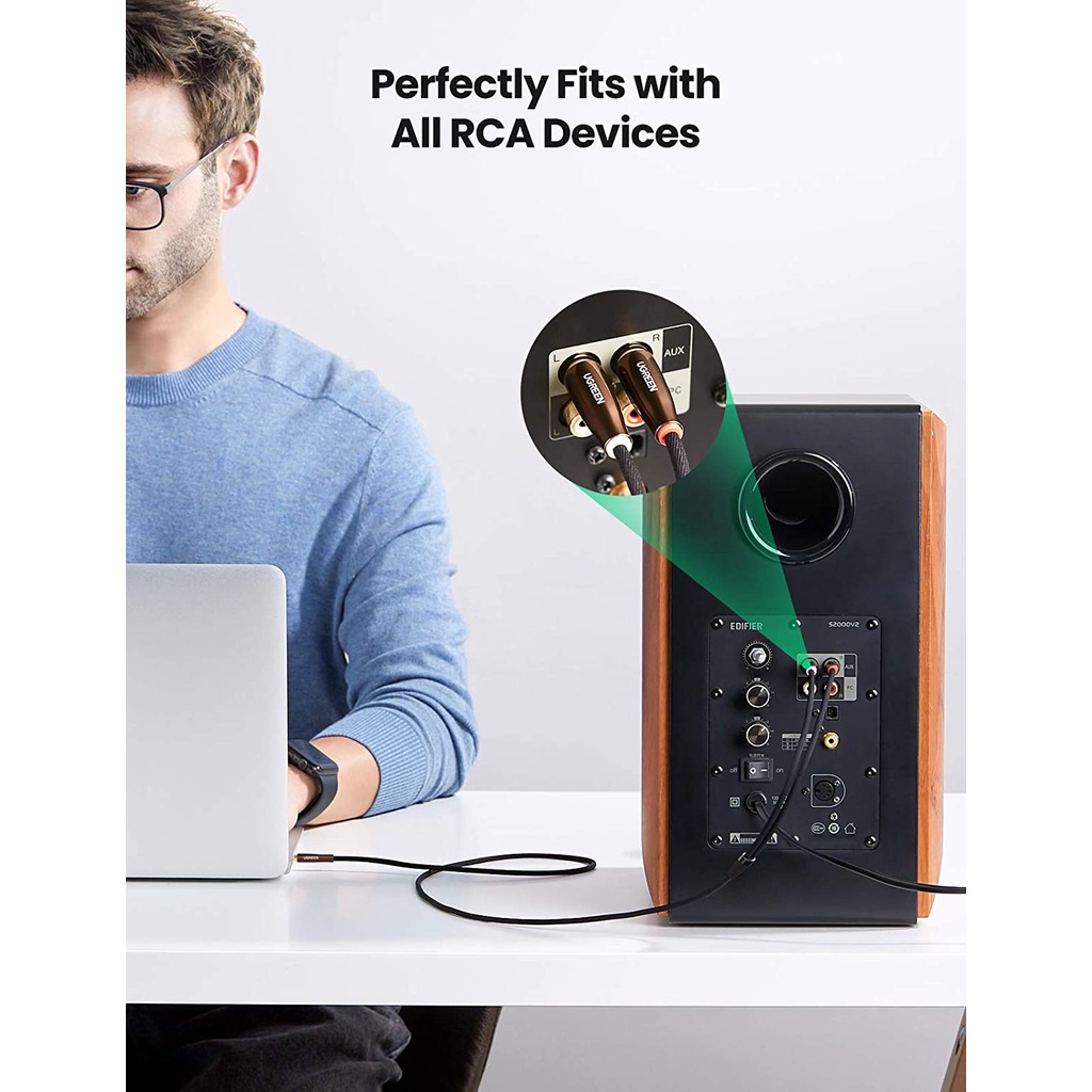Dây âm thanh 3.5mm sang 2 đầu RCA UGREEN AV170 | Đầu cắm mạ kim loại | Dây bện nylon chống rối |Bảo hành 18 tháng 1Đổi1
