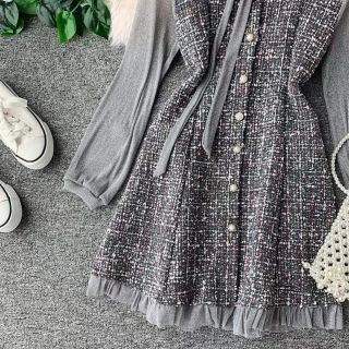 Váy Dạ Tweed Phối Nơ Cổ Xinh
