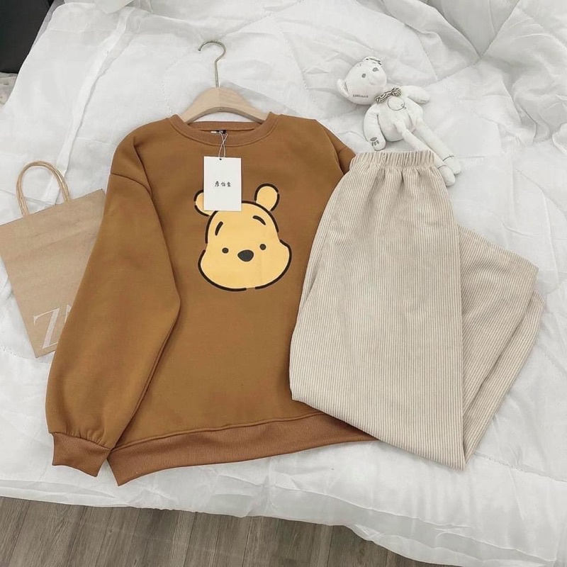 Set quần áo 🌸 Bộ áo nỉ tay bồng quần dài màu nâu be gấu POOH oversize style Ulzzang dành cho nữ PHULA | BigBuy360 - bigbuy360.vn
