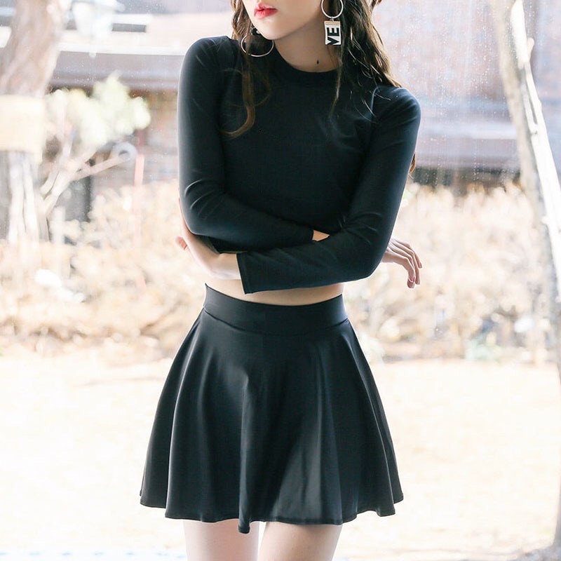 Bikini 2 mảnh, đồ bơi tay dài váy xòe lưng cao che bụng kín đáo màu đen | BigBuy360 - bigbuy360.vn