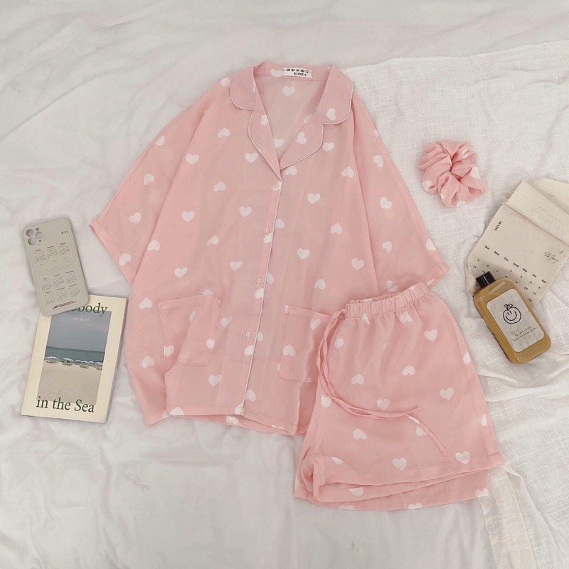 Set Pijama Buộc Tóc  Nữ [FREESHIP]  Bộ đồ quần áo mùa hè, thun bò sữa tay lỡ hình trái tim Ulzzang