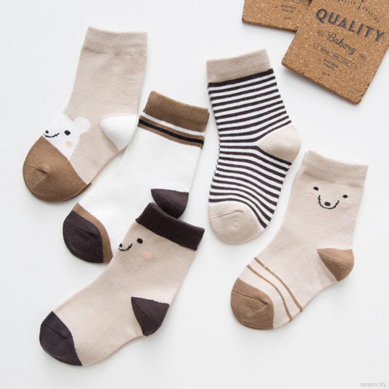 Bộ 5 đôi vớ cotton họa tiết sọc hoạt hình dễ thương giữ ấm cho bé trai và gái
