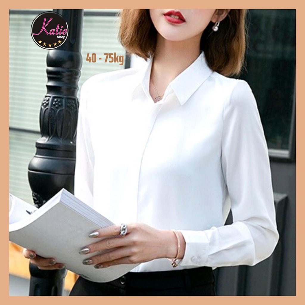 Áo Sơ Mi Trắng Nữ Công Sở Katie, Sơ Mi Trắng Sáng Tay Dài Chất Áo Trắng Cotton Thoáng Mát Không Nhăn Có Bigsize Từ 40-75