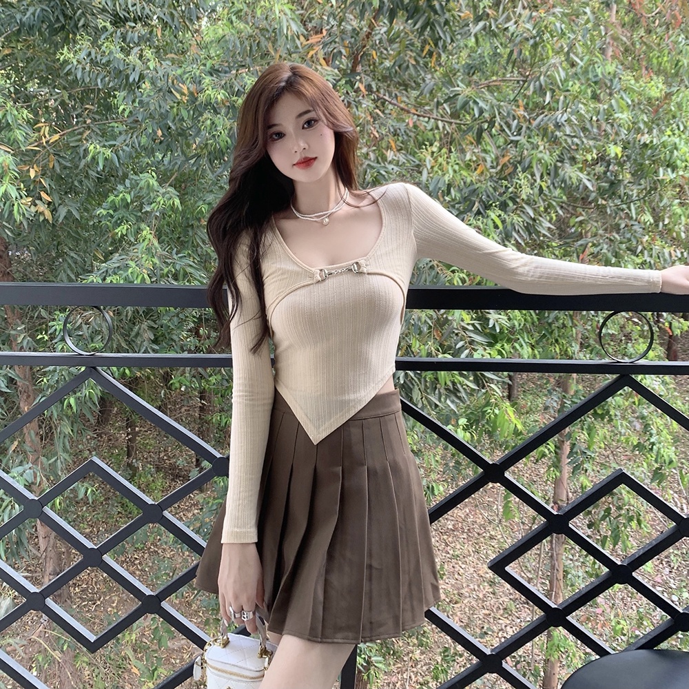 Áo len nữ croptop tay dài thiết kế kiểu lệch tà khoen khuy ngực cá tính retro quyến rũ phong cách cá tính G-21.1