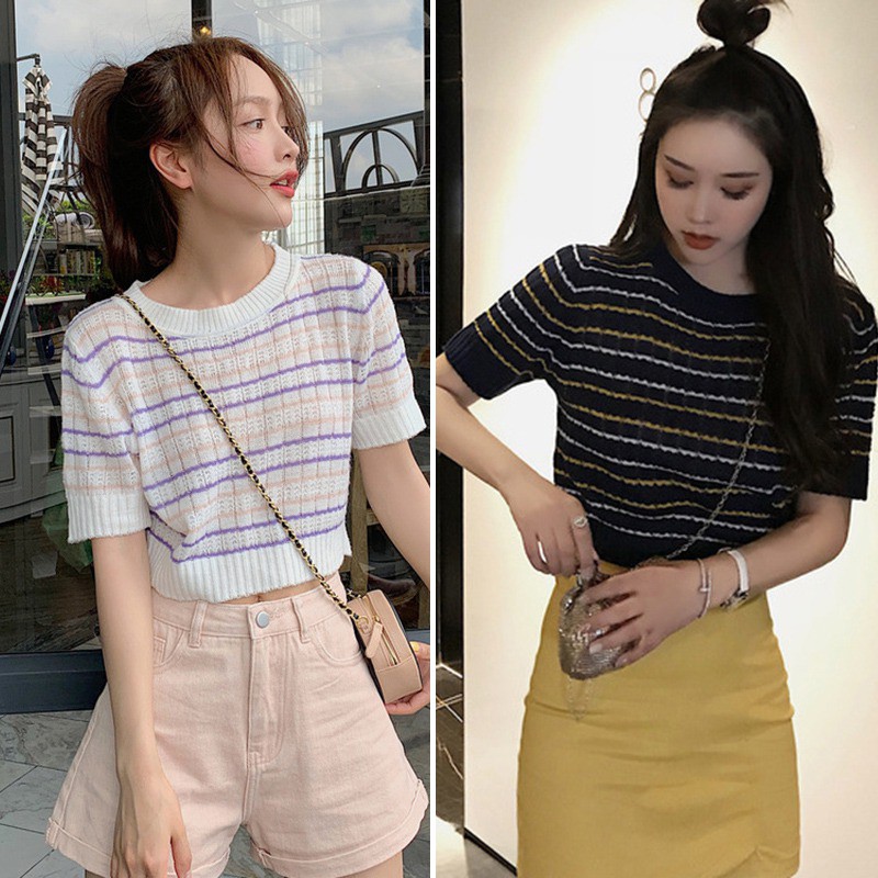 Áo crop top chất liệu dệt kim ngắn tay phong cách Hàn Quốc trẻ trung dành cho nữ