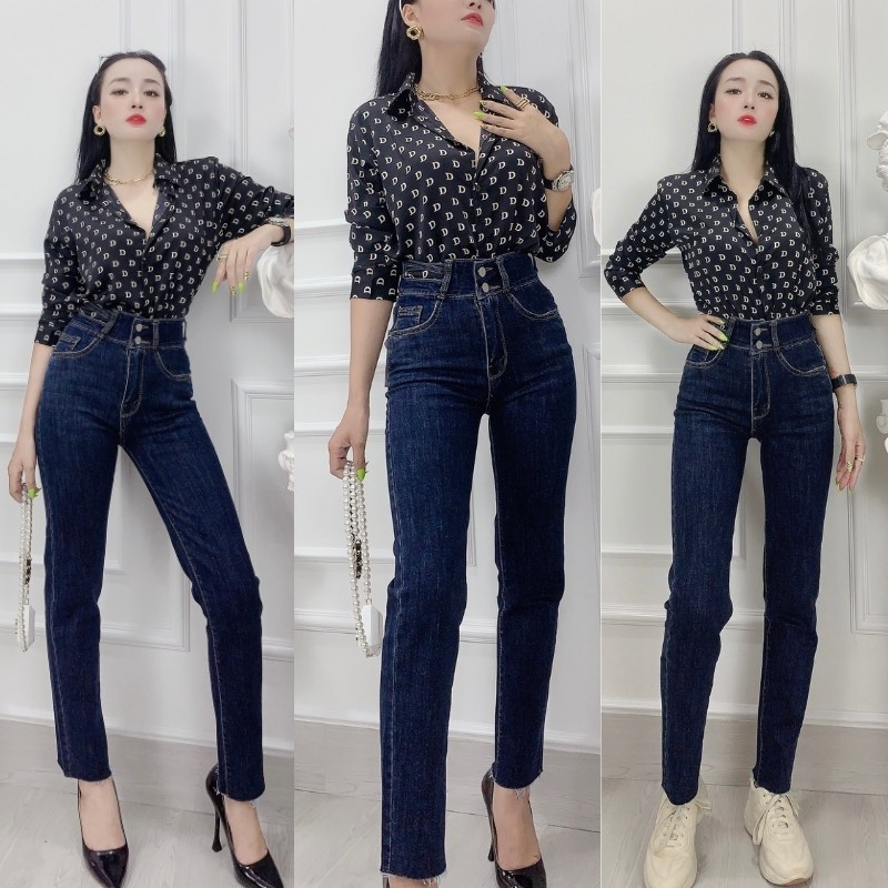 Quần jean baggy ống suông nữ lưng cao cắt lai gấu style Hàn Quốc RUBIE JEANS 1514