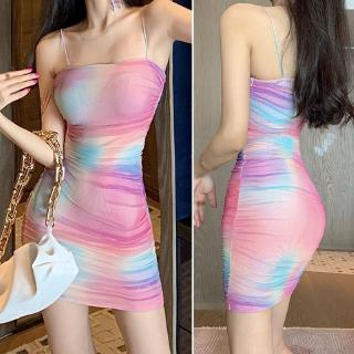 Đầm Hai Dây Phối Ren Hở Lưng Màu Cầu Vồng Gợi Cảm Thời Trang Dành Cho Nữ