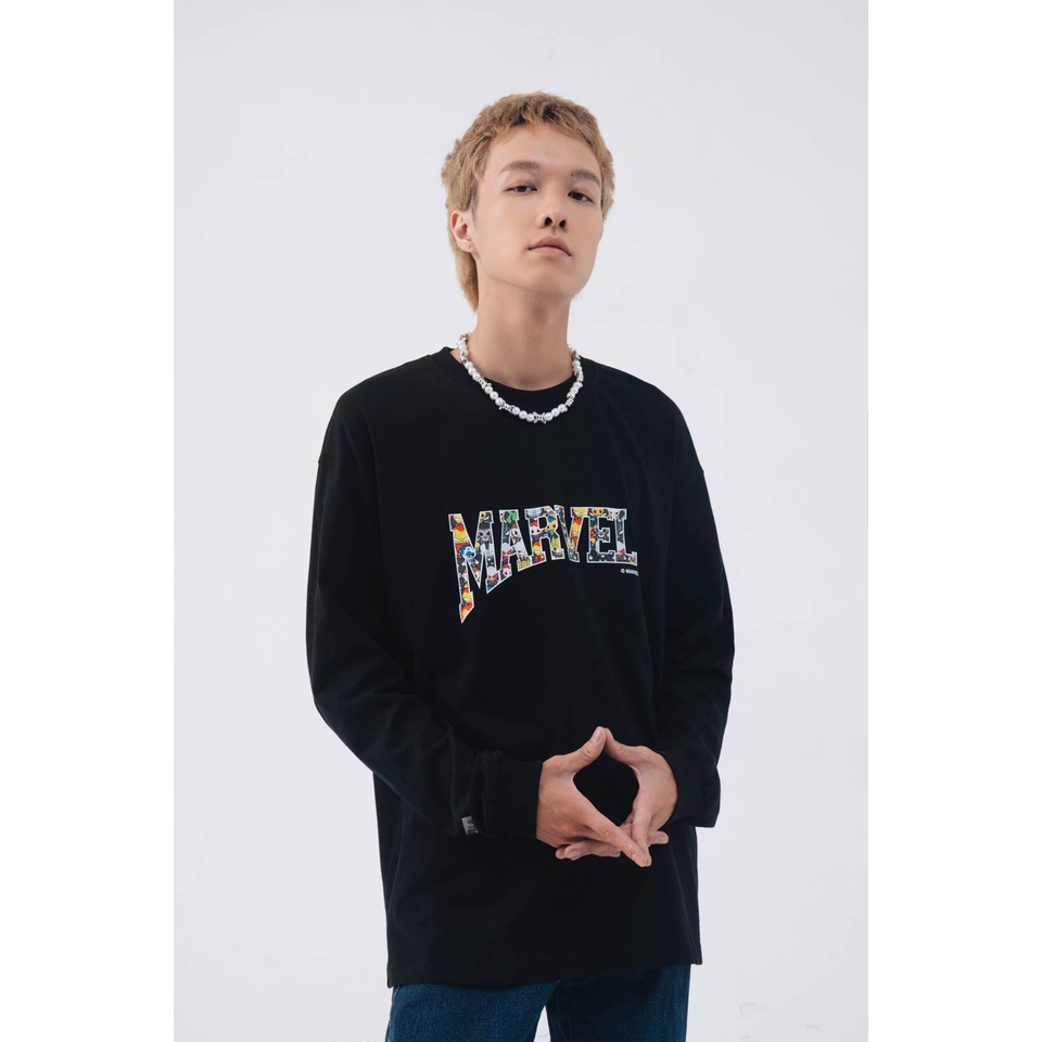 Áo Thun Dài Tay BOO Unisex Dáng Rộng Vải Cotton In Logo Chibi Marvel BZL