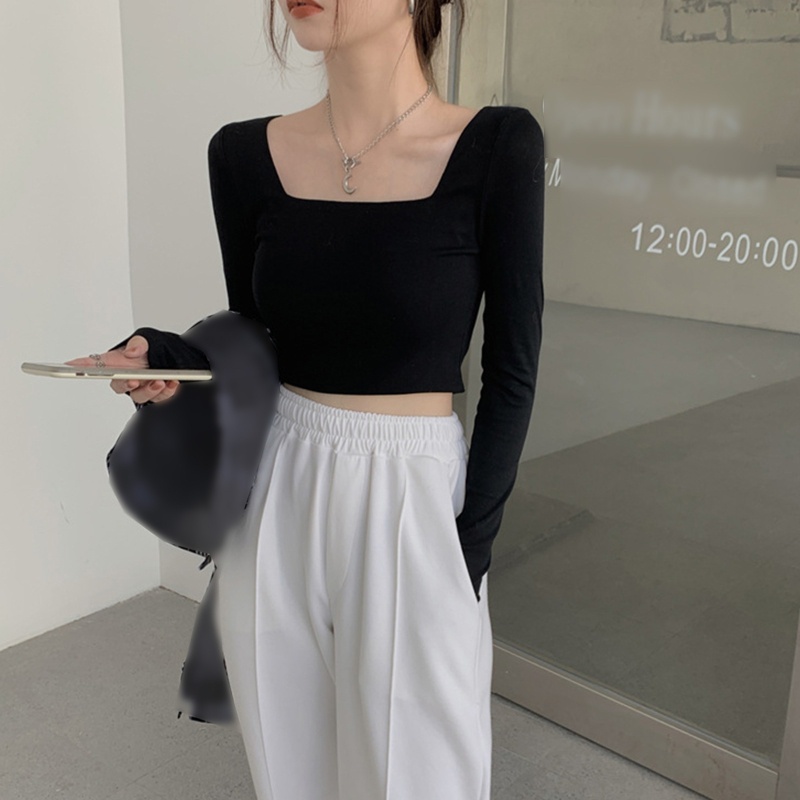 Áo Thun Dài Tay Cổ Vuông Màu Trơn Form Ôm Cho Nữ