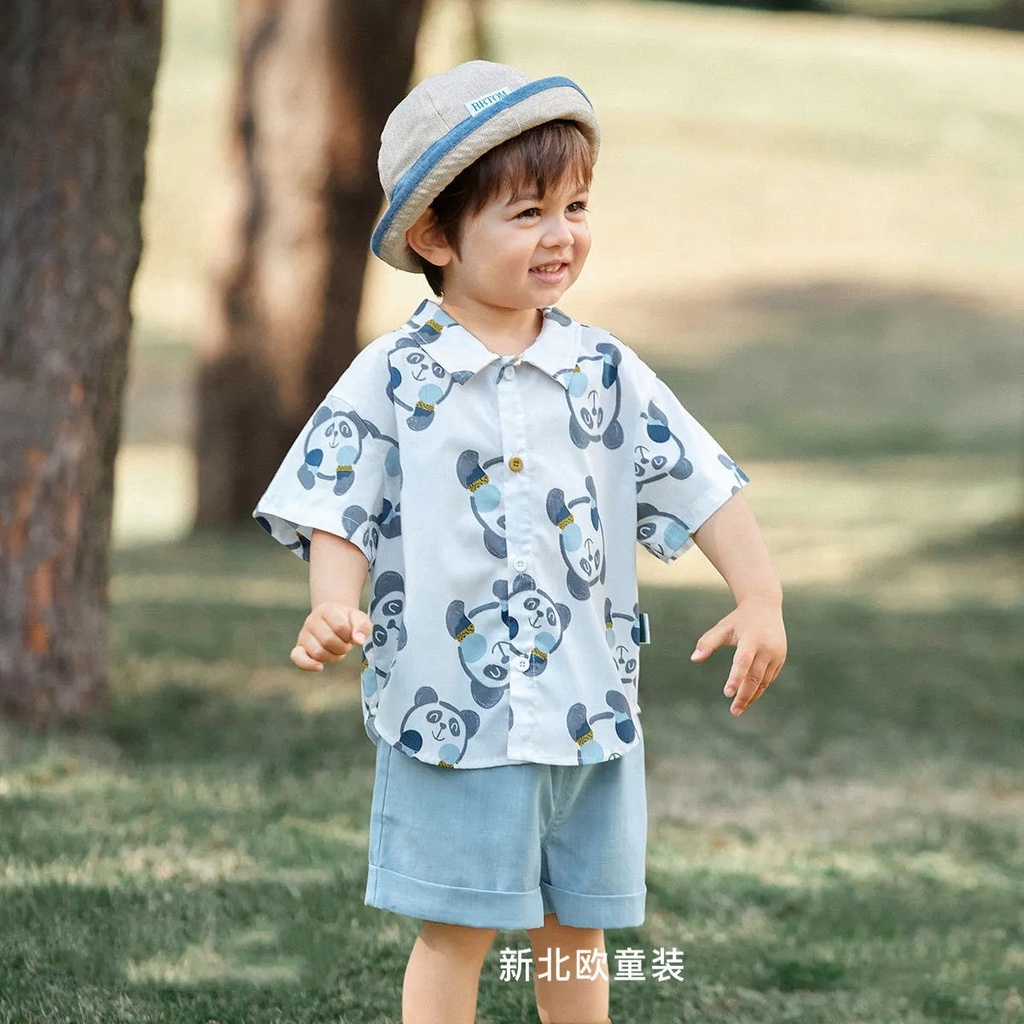 Bộ Áo Sơ Mi Cotton Ngắn Tay + Quần Short Mỏng In Họa Tiết Hoạt Hình Phong Cách Nhật Hàn Thời Trang Mùa Hè Cho Bé Trai