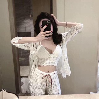 Bra len móc đi biển áo bikini dây buộc tua rua nữ