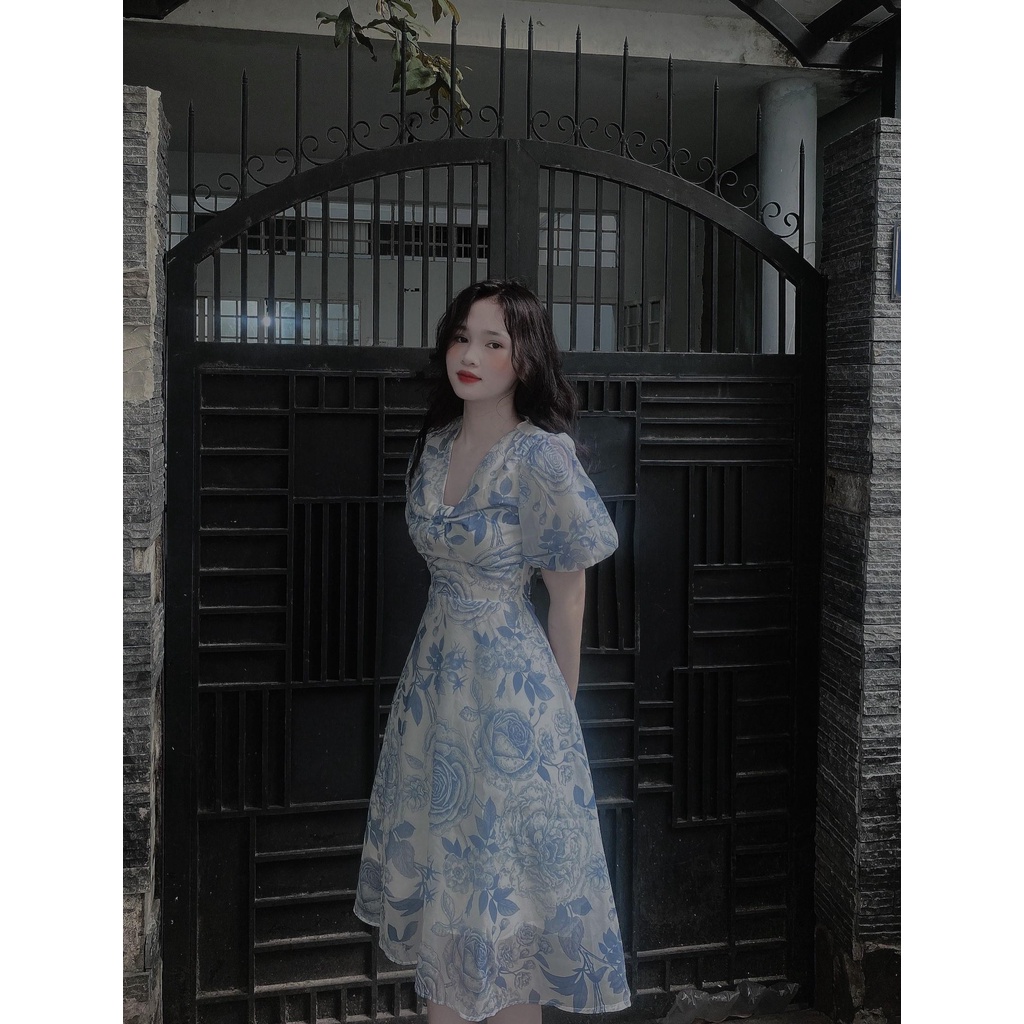 Đầm Hoa Nhún Ngực Tay Phồng - D0599