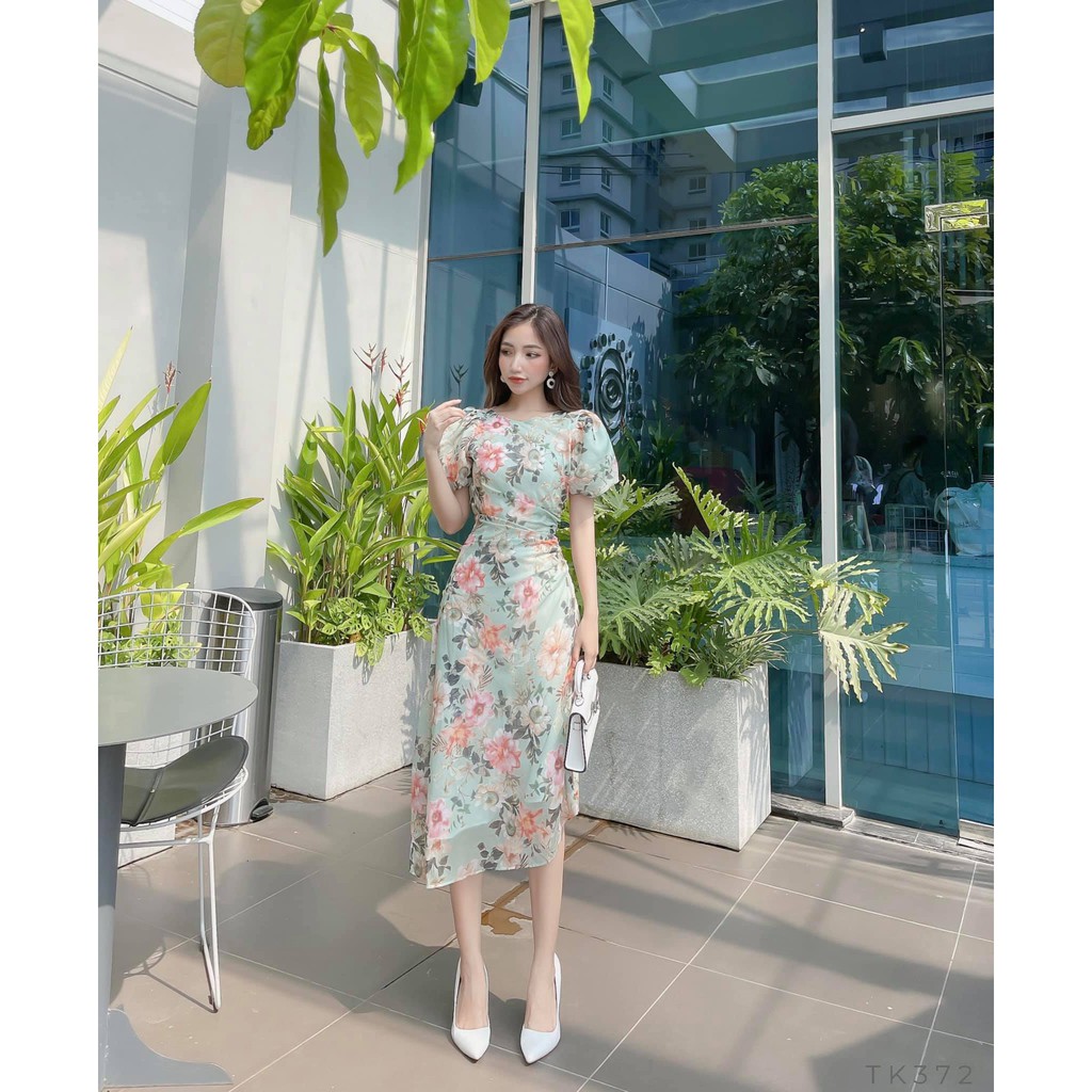 Đầm Hoa Nhún Eo Tôn Dáng Công Sở Thanh Lịch