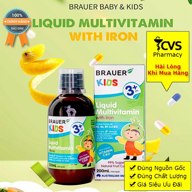 Siro Brauer Kids Liquid Multivitamin With Iron cho bé từ 3 tuổi chai 200ml