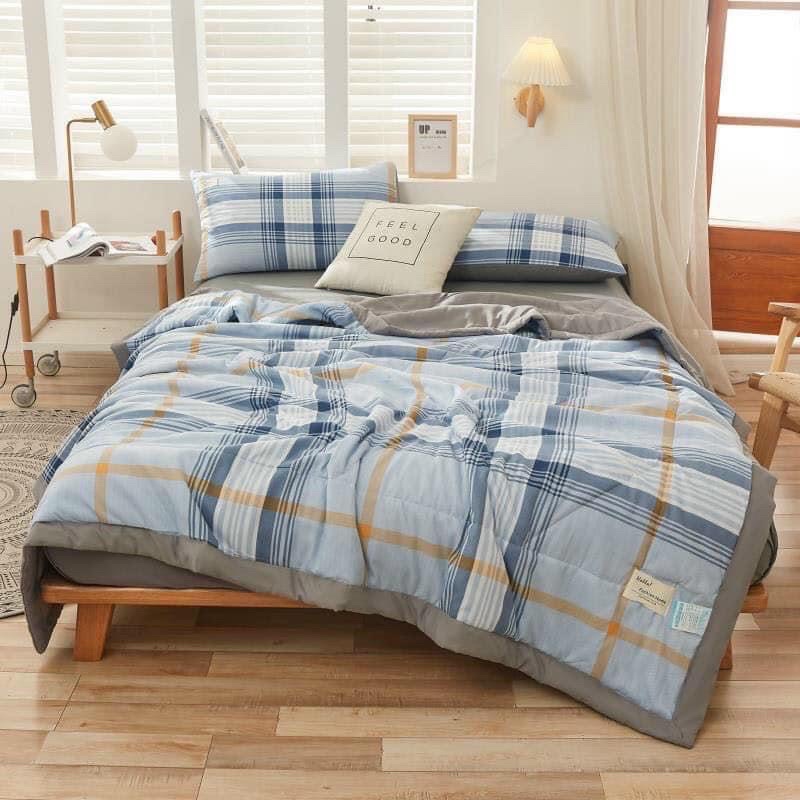 Bộ ga gối chăn trần đũi cotton mềm mịn,Bộ 4 món chăn trần vải đũi cotton thoáng mát