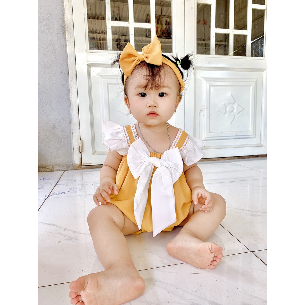 Bodysuite Bé Gái Sơ Sinh FREESHIPRabbit Kids - TẶNG KÈM TURBAN+GIÀY- Bộ Đồ Liền Thân Cho Bé Mùa Hè Vàng 2 Dây Kẹp Ren