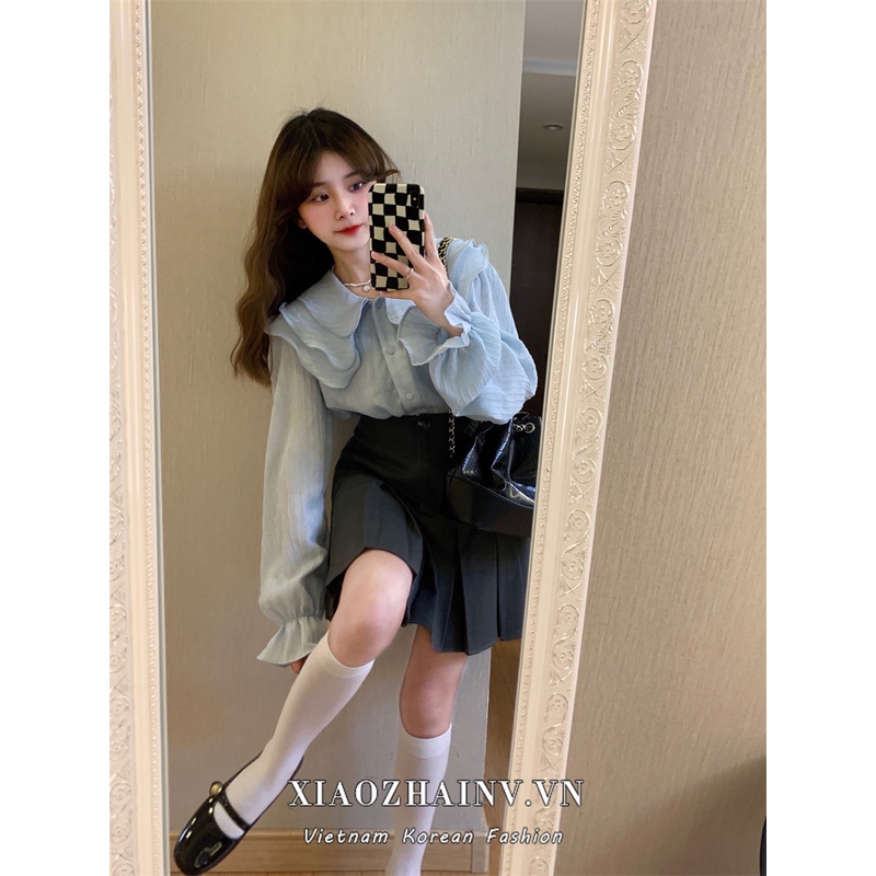 Áo sơ mi XIAOZHAINV dài tay dáng rộng màu xanh dương phong cách Pháp thời trang cho nữ