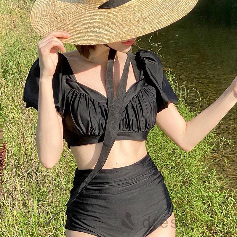Bộ Bikini 2 Mảnh Áo Croptop Tay Ngắn Nâng Ngực + Quần Tam Giác Lưng Cao Cho Nữ