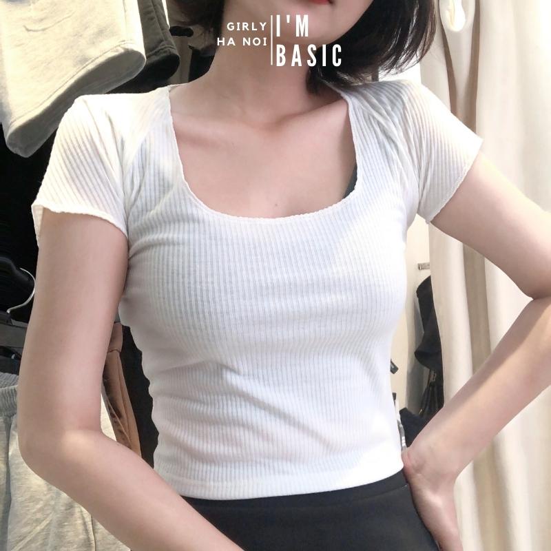 Áo Croptop I'm Basic Girly Ngắn Tay Cổ Chữ U Ôm Body Màu Trơn Thun Tăm Co Giãn Thoải Mái Phong Cách Ulzzang (ANT05)