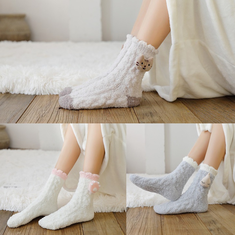Youyo Vớ Nhung San Hô Dệt Kim Kiểu Búp Bê Hoạt Hình 3D Đáng Yêu Giữ Ấm Mùa Đông Cho Nữ