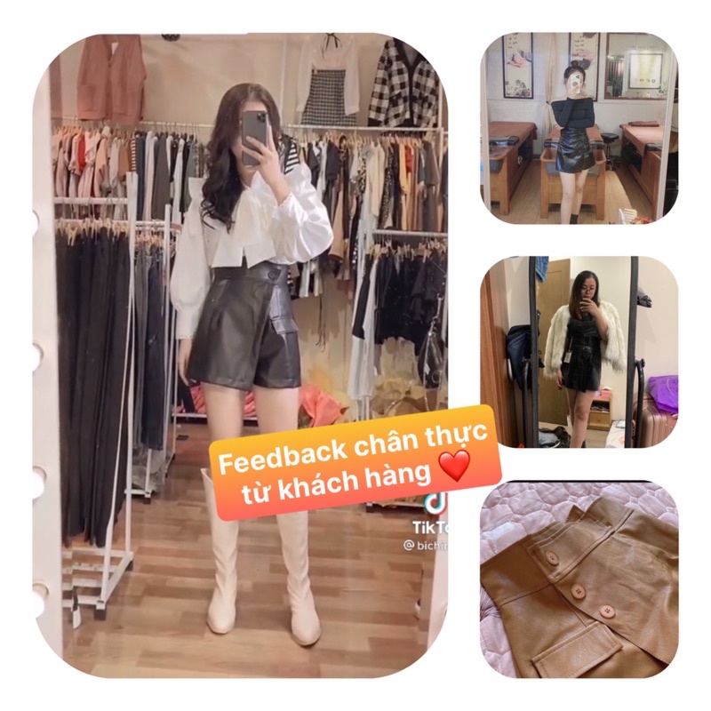Chân váy da chữ a cạp chéo quần giả váy vạt chéo 3 cúc có khóa kéo sau lưng