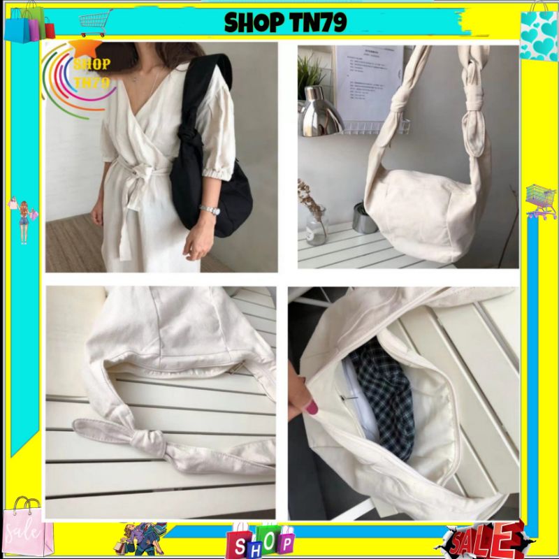 Túi tote canvas đeo chéo giá rẻ trơn vải mềm phong cách Hàn Quốc đi học SHOP TN79 CB-08