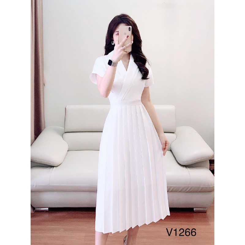 [ xả kho ] MiD Đầm trắng chân xếp ly V1266 cao cấp Mie Design kèm ảnh thật