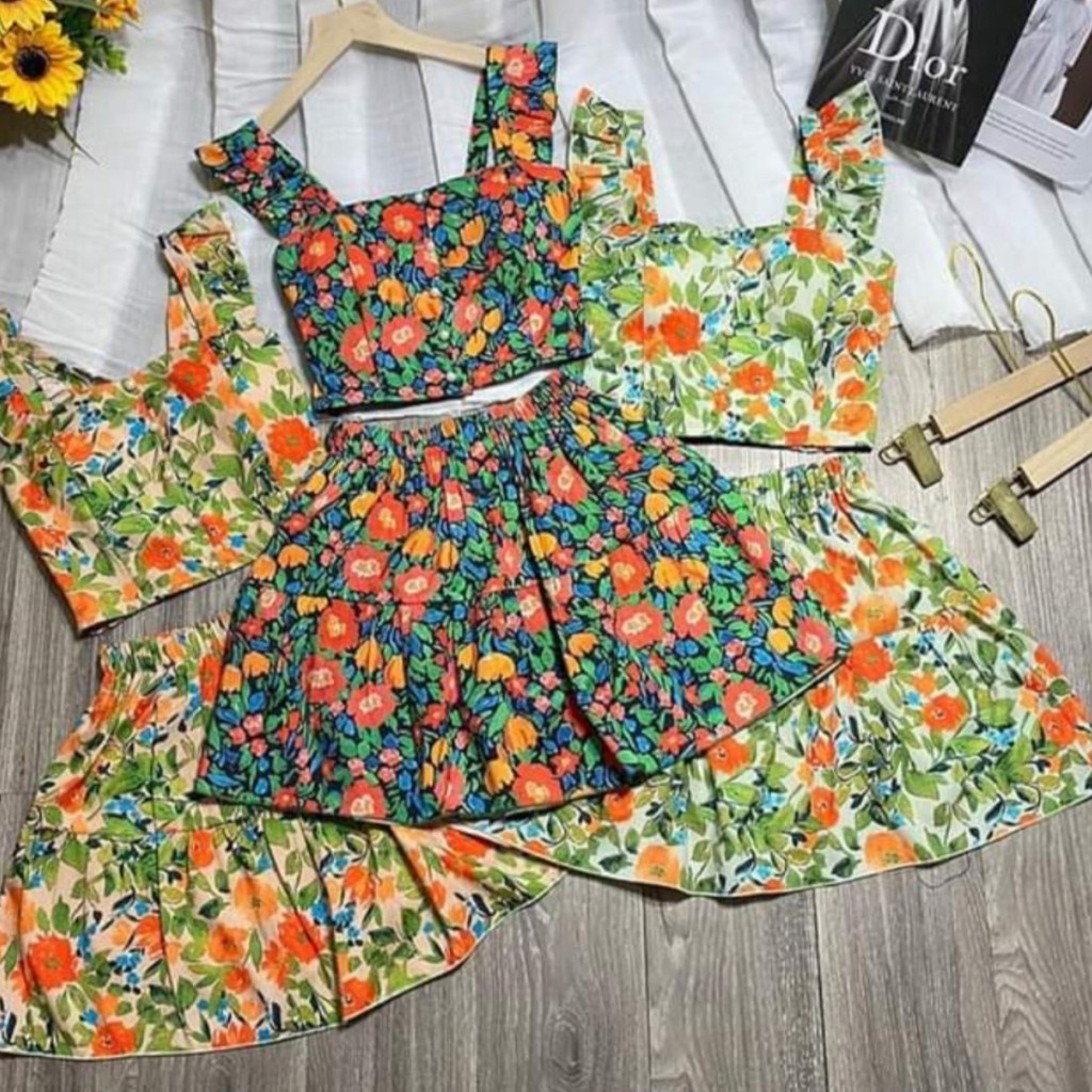 [Mẫu Mới] Sét Áo Hoa Cài Nút Thật Phối Váy Có Lót Trong Thời Trang Nữ Sam Closet Free Size 40-55kg