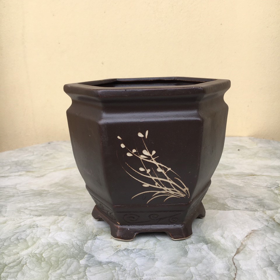 Chậu bonsai Lục khum chân cao đất nung gốm Bát tràng 1 size BM-155