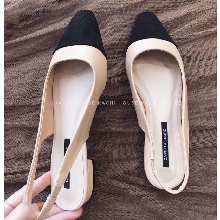 Sandal Nữ quai sau mũi đen chà neo đẹp 2021, Giày bệt nữ vá mũi gót 2p êm chân màu đen kem da lì mềm cao cấp