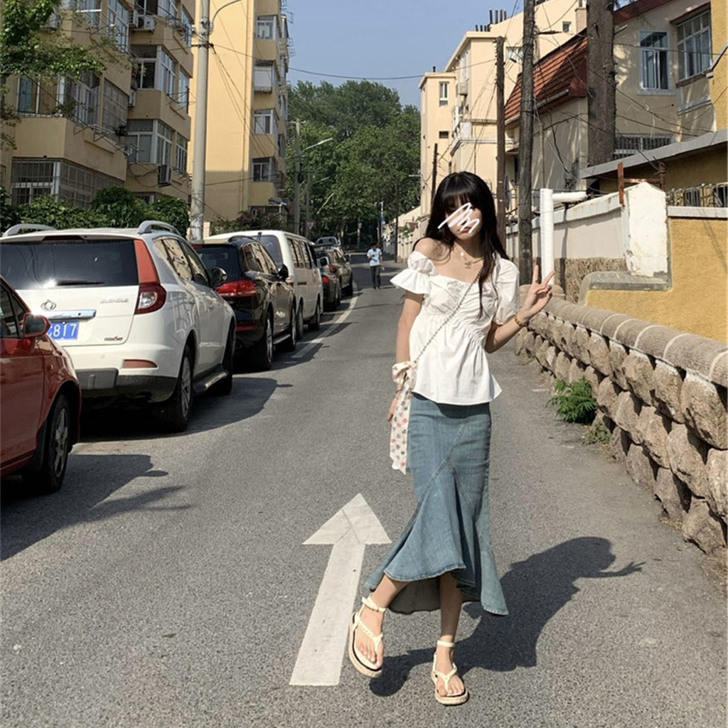 Chân váy jean đuôi cá lưng cao phong cách retro thời trang đáng yêu cho nữ