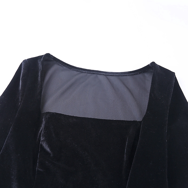 Fashion Square Neck Split Velvet Long Sleeve Slim Dress