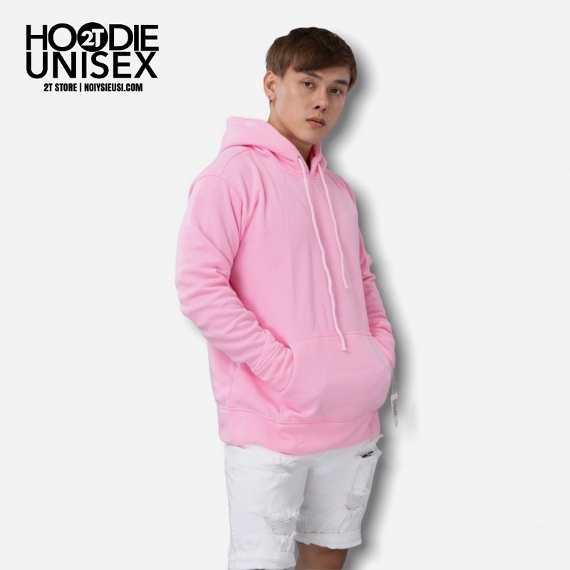 Áo hoodie unisex 2T Store H14 màu hồng phấn - Áo khoác nỉ bông chui đầu nón 2 lớp dày dặn đẹp chất lượng