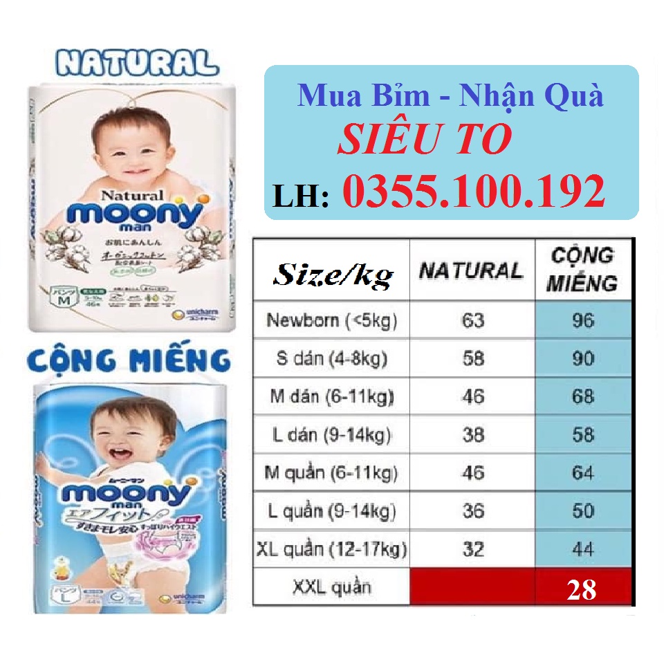 [Free Ship] Bỉm Moony trắng, Moony xanh cộng miếng nội địa Nhật quần/dán đủ size NB96/S90/M68/L58/L50/XL44