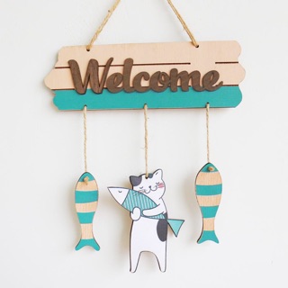 Bảng gỗ WELCOME mèo ôm cátrang trí nội thất gia đình trang trí phòng ngủ cửa hàng.